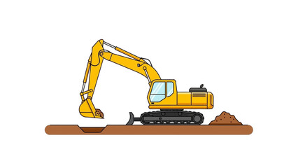 Heavy yellow excavator digging a trench in the ground with a pile of dirt next to it, on a white background.