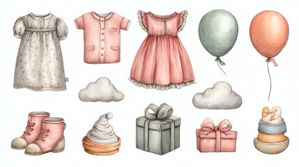 Set of watercolor illustrations with bride accessories and pink flowers isolated on white background. Collection of wedding drawings with dress, shoes and makeup cosmetics