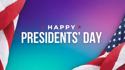Happy Presidents' Day Text Over Blue Bokeh Lights Texture Background and American Flags.