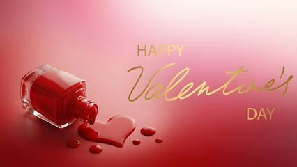 happy valentines day and stylized hearts emerging from bottle of nail polish