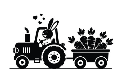 Rabbit driving tractor with carrots in trailer, happy and smiling