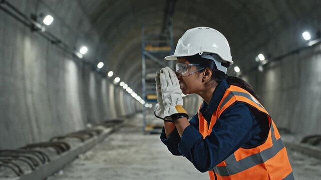 Female construction worker in safety gear shouting inside a concrete tunnel. Industrial scene depicting communication and safety on an infrastructure project site.