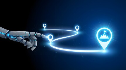 Robotic Navigation Interface with Glowing Path and Scientific Destination Marker Icon