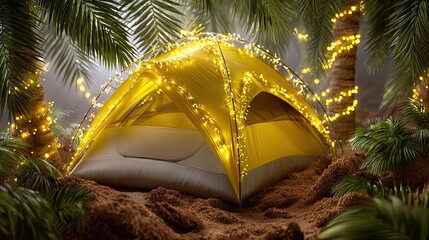 Golden tent illuminated in lush tropical setting