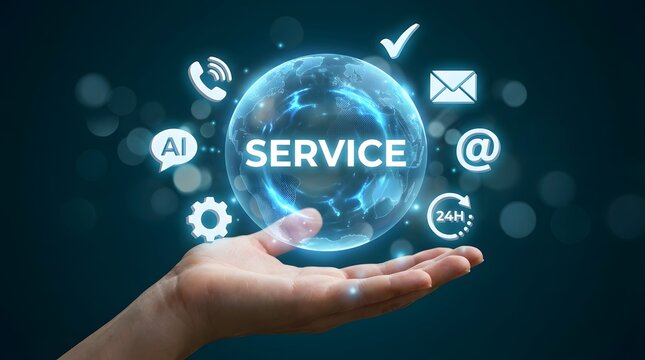 Global Service Interface with Glowing Icons for 24/7 Digital Customer Support Access - Powered by Adobe