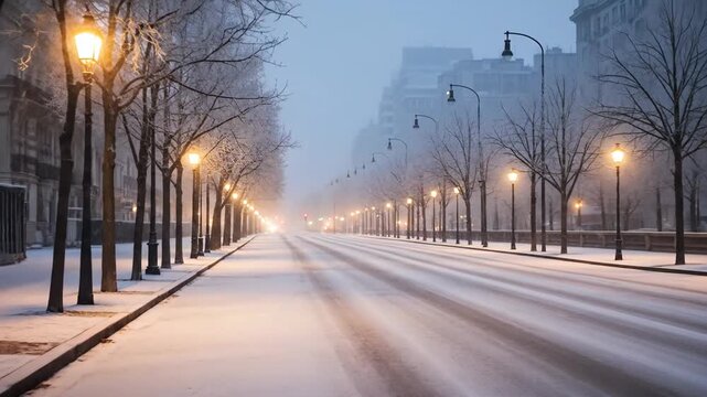 Snowy Paris Avenue with Lampposts Glow Through Winter Fog.