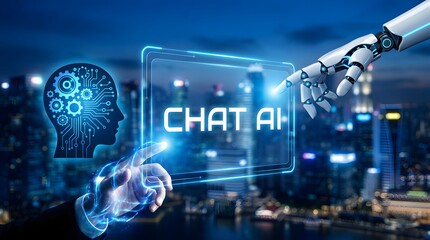Chat AI Interface with Human and Robotic Hands in Futuristic Urban Tech Environment