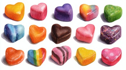 Watercolor hearts candies isolated. Valentine's Day postcards and greeting cards.