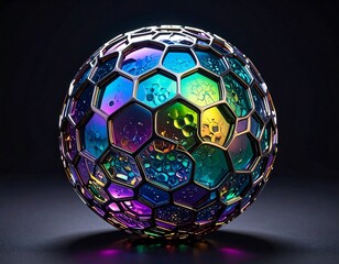 Metallic sphere with iridescent hexagonal panels against dark backdrop