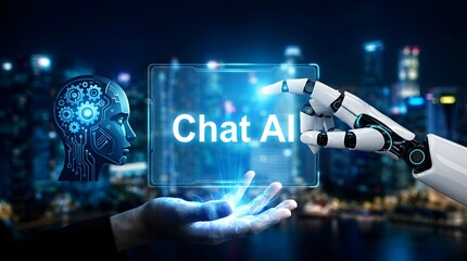 Chat AI Interface with Human and Robotic Hands in Futuristic Urban Tech Environment