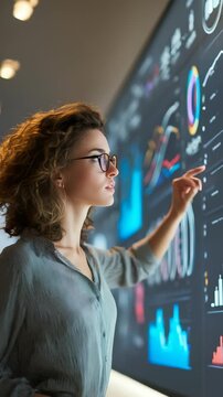 Professional woman uses advanced touchscreen technology to review business analytics, financial graphs. Scene highlights innovation, data driven decision making, digital transformation in workplace
