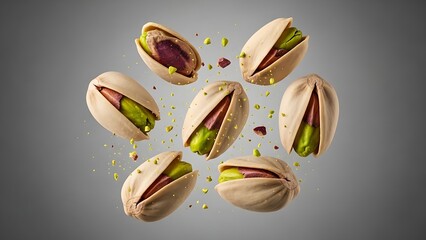 Cracked pistachio nuts suspended mid-air, high-speed studio food photography