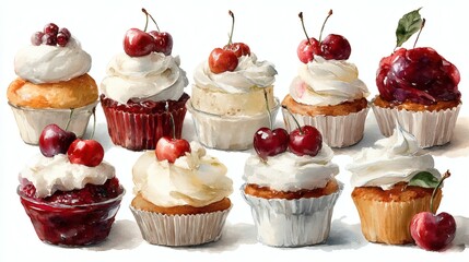 Indulgent watercolor cupcake with fluffy pink frosting, a juicy cherry, and vibrant green leaf, perfect for delightful baking or sweet treat promotions