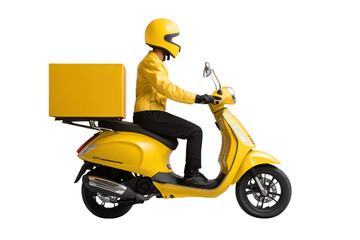 Male courier in yellow uniform and helmet riding scooter with delivery box on transparent background