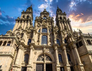 Obraz premium Ornate stone facade of large cathedral beneath a colorful sunset