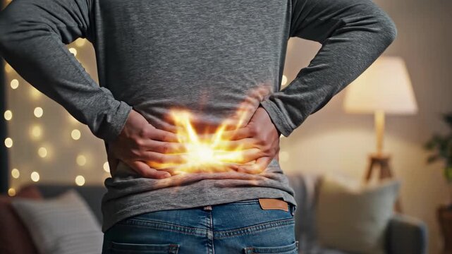 Man experiencing intense lower back pain with glowing inflammation effect in a dimly lit room, 4k high quality video