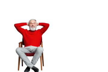 An elderly man with a white beard and a red sweater sits comfortably on a wooden chair with his hands behind his head and smiling against a transparent background