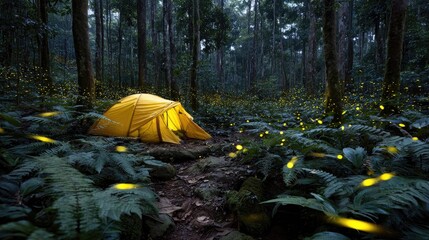 Illuminated tent in forest at night with glowing lights