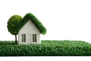 Miniature model of a house with a green grass roof and a living tree, on a transparent background