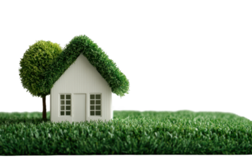 Miniature model of a house with a green grass roof and a living tree, on a transparent background