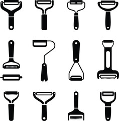 Fototapeta premium A diverse collection of black silhouette icons depicting various kitchen peeling, slicing, and grating tools