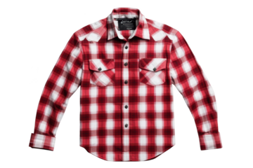 Red and white checkered flannel shirt with long sleeves on transparent background