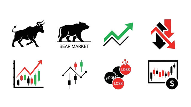 Financial market icon set featuring bull market icon, bear market icon, upward trend arrow, downward trend arrow, stock chart, profit and loss symbols