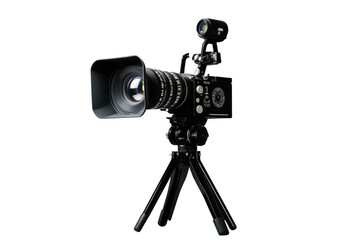 Professional film video camera on tripod with transparent background