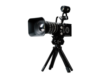Professional film video camera on tripod with transparent background