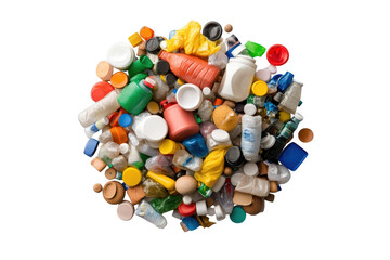 Waste plastic items and garbage including bottles, caps, and containers creating a large pile on a transparent background