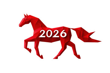 Red geometric paper horse with the inscription "2026", symbolizing the New Year on a transparent background.