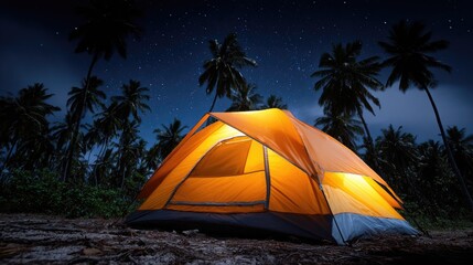 Lit camping tent beneath night sky with palm trees