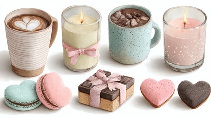 A charming Valentine s Day watercolor set featuring romantic items such as gift boxes soft pink rose petals cozy pillows a delightful chocolate mug sweet treats cookies and a lovely bunting