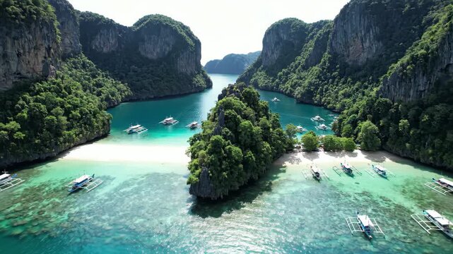 Aerial view of big lagoon or small lagoon in el nido, palawan, philippines with turquoise water and boats, 4k high quality video