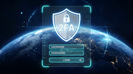 2FA Cybersecurity Login Interface with Shield and Global Digital Protection Design