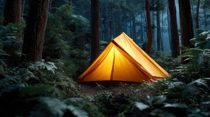 Lit camping tent in forest at dusk