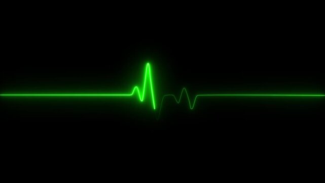 Neon heartbeat and monitor animation, green heart beat line animation on black background, ECG neon electrocardiogram pulse 4k video motion 