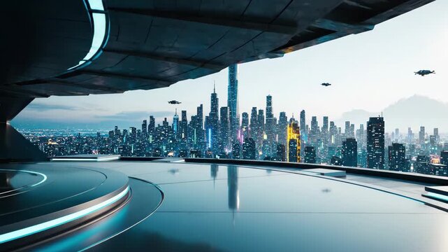 Futuristic landing pad overlooking a neonlit megacity skyline at dusk, 4k high quality video