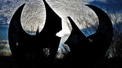 A dramatic silhouette of a twisted rusted metal sculpture silhouetted against a cloudy sky with bare branches visible