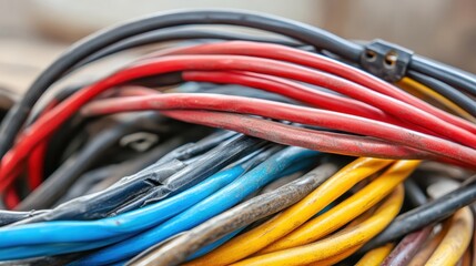 A meticulously sorted pile of salvaged electrical wires in vibrant red blue yellow and black insulation bundled together for recycling and reuse