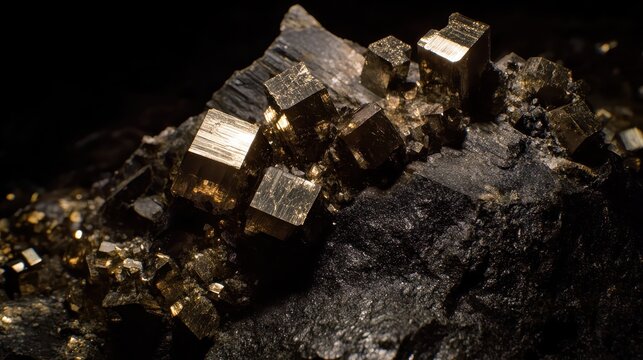 A close up view of naturally occurring pyrite crystals with a metallic luster on a dark rock matrix
