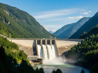Hydroelectric Dam Power Plant Releasing Water in Mountain Valley; Concept of Renewable Energy, Hydro Power, International Day of Clean Energy, Sustainable Infrastructure and Engineering