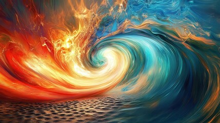 Abstract swirling elemental forces of fire and water in vibrant jewel tones creating a dynamic powerful visual
