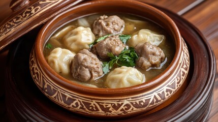 A clay bowl of dumplings and meatball soup in warm tones