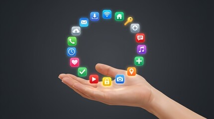 Digital App Ring Interface with Floating Icons Above Hand in Tech Interaction Scene