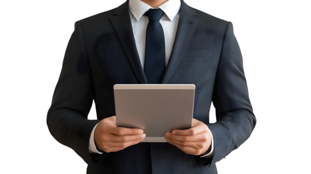 Businessman in dark suit holding a blank digital tablet device against a for design on transparent background - Powered by Adobe