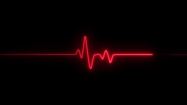 Neon heartbeat and monitor animation, red heart beat line animation on black background, ECG neon electrocardiogram pulse 4k video motion 
