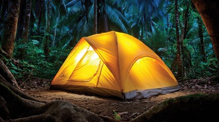 Lit tent in forest night scene camping adventure outdoor