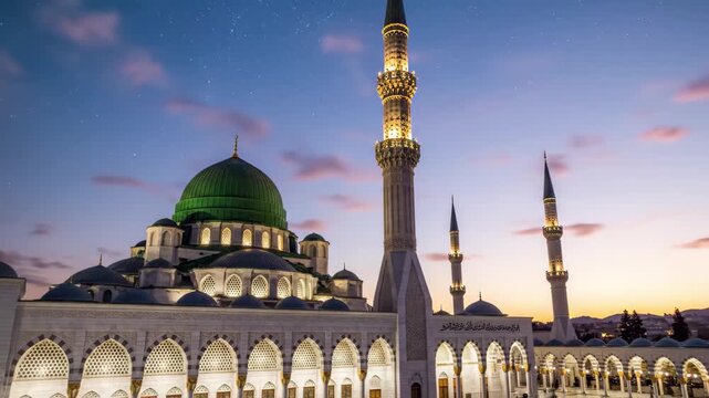 Almasjid annabawi the prophets mosque with green dome and minarets at twilight, 4k high quality video
