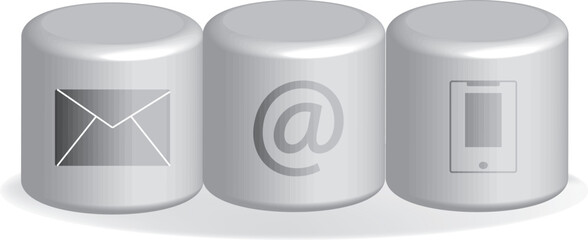 Modern grayscale illustration depicting fundamental online contact methods like mail, email, and mobile phone services on data storage units, highlighting digital connectivity